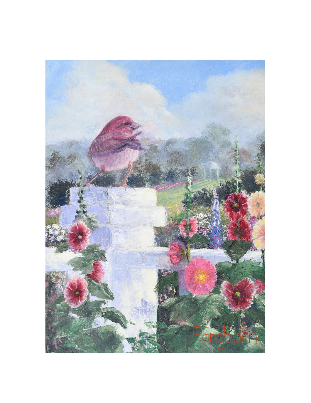 Original Purple Finch and Hollyhocks