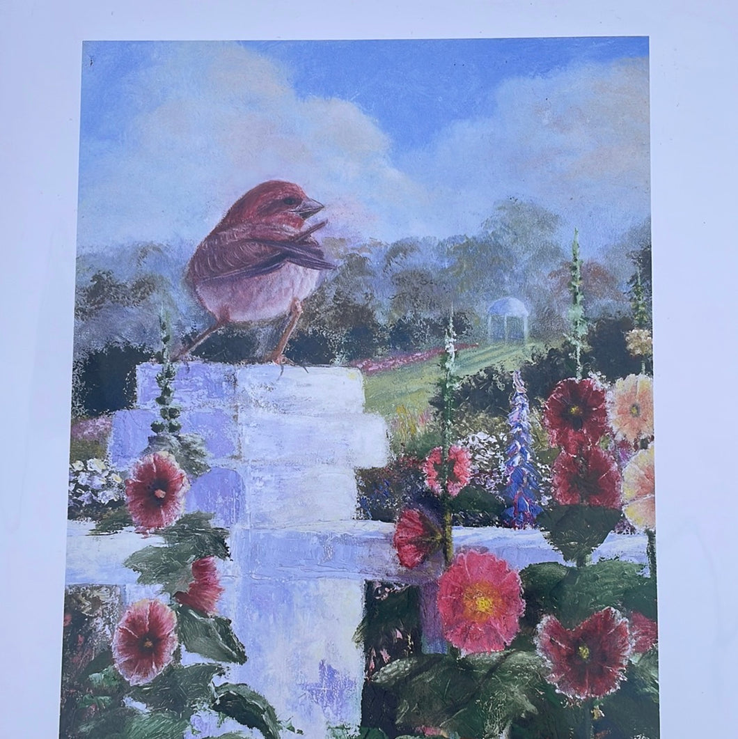 Print Purple Finch and Hollyhocks